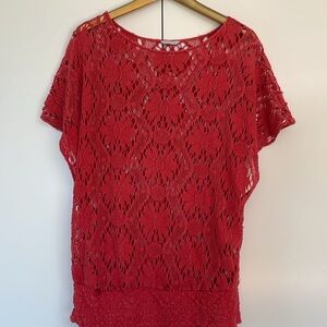 Trina Turk coral red papaya crochet knot coverup top